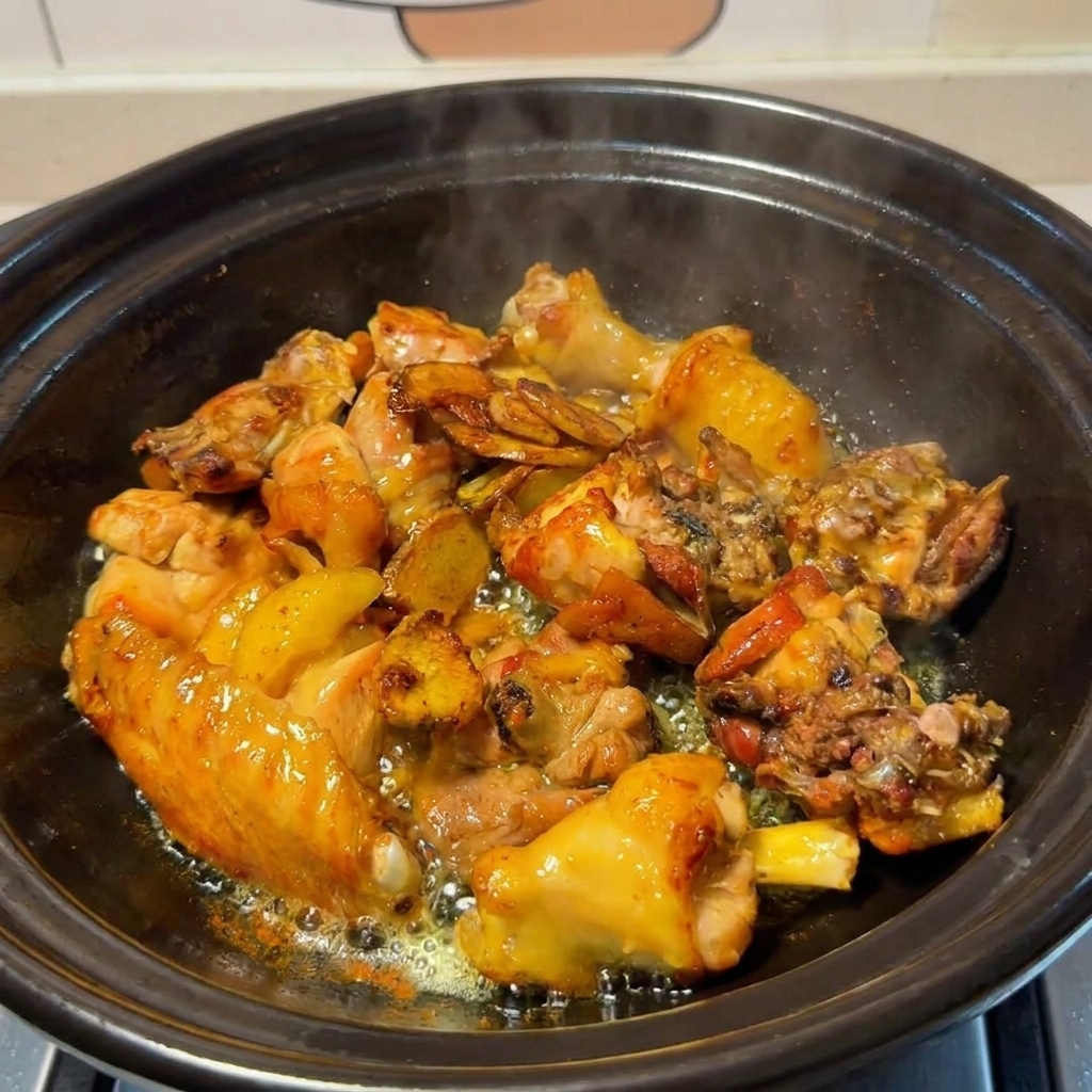 Pollo en una olla de barro combinándose con jengibre frito, setas hidratadas y el líquido del remojo de las setas.