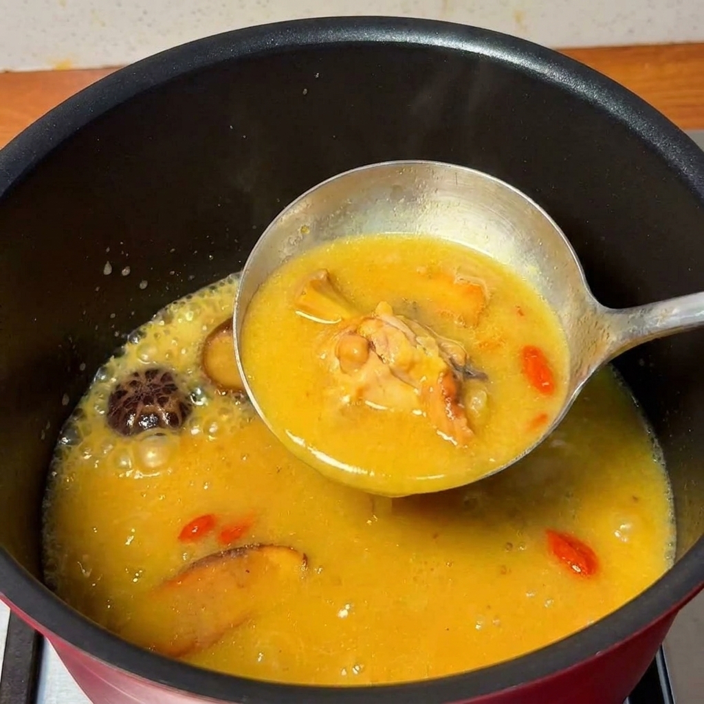 Un cucharón transfiriendo sopa dorada de pollo con setas y dátiles rojos a una olla más grande.