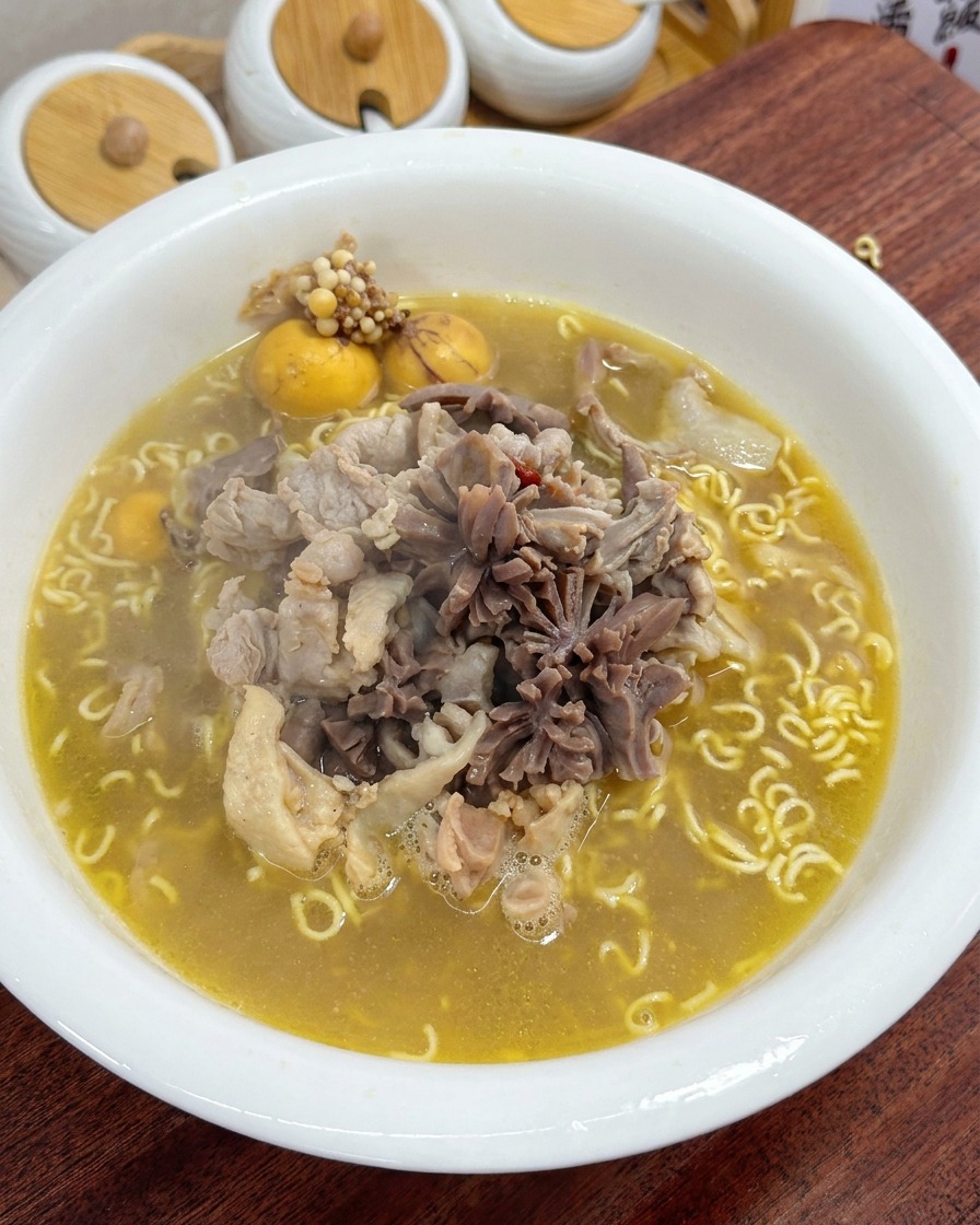 Un tazón terminado de sopa de fideos con pollo, decorado con cebollino fresco y pequeños adornos rojos.