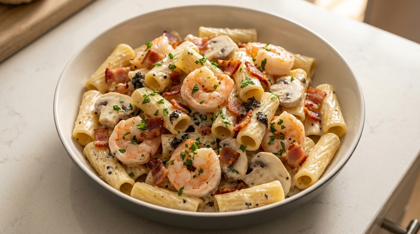 Pasta Cremosa con Trufa Negra y Tocino