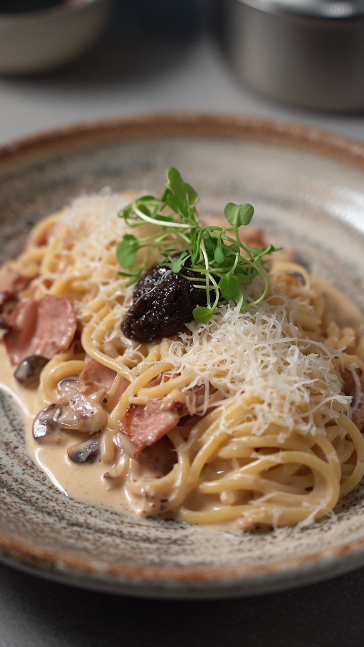 Pasta Cremosa con Tocino y Trufa Negra