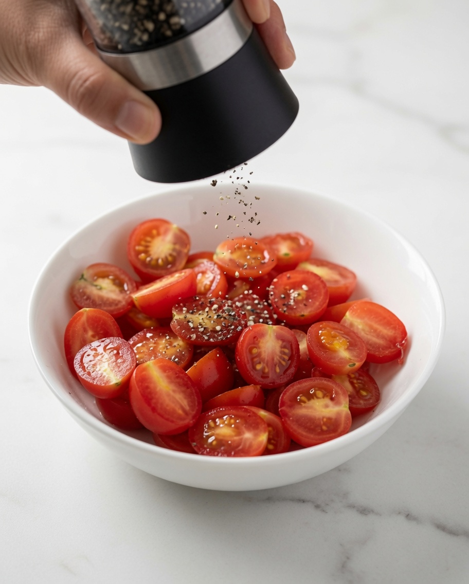 Sazonando el tazón de tomates cherry con un molinillo de sal y pimienta.