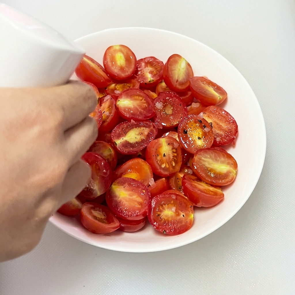 Un chorrito de aceite de oliva siendo rociado sobre los tomates cherry en el tazón.