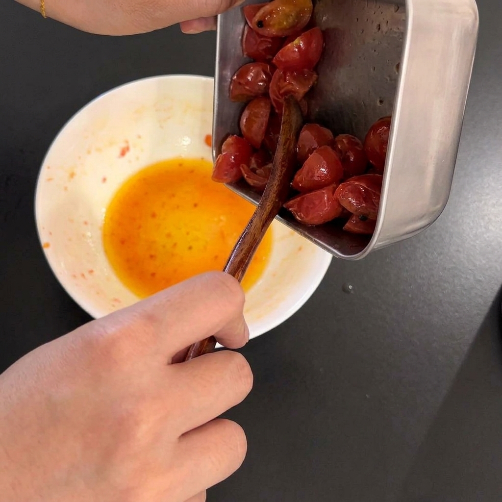 Los tomates cherry cocidos en un recipiente con el exceso de líquido siendo vertido cuidadosamente.