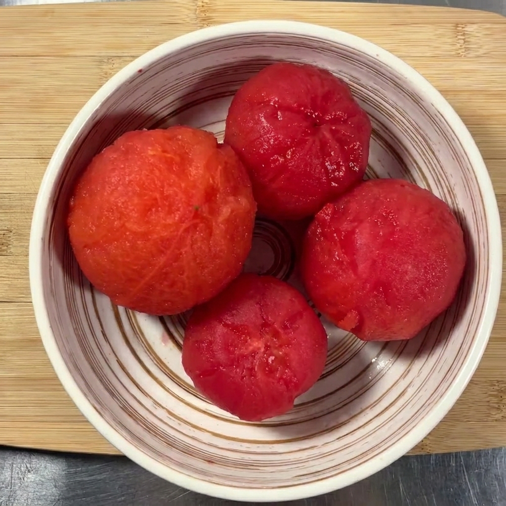 Cuatro tomates pelados listos en una tabla de cortar de madera con un cuchillo.