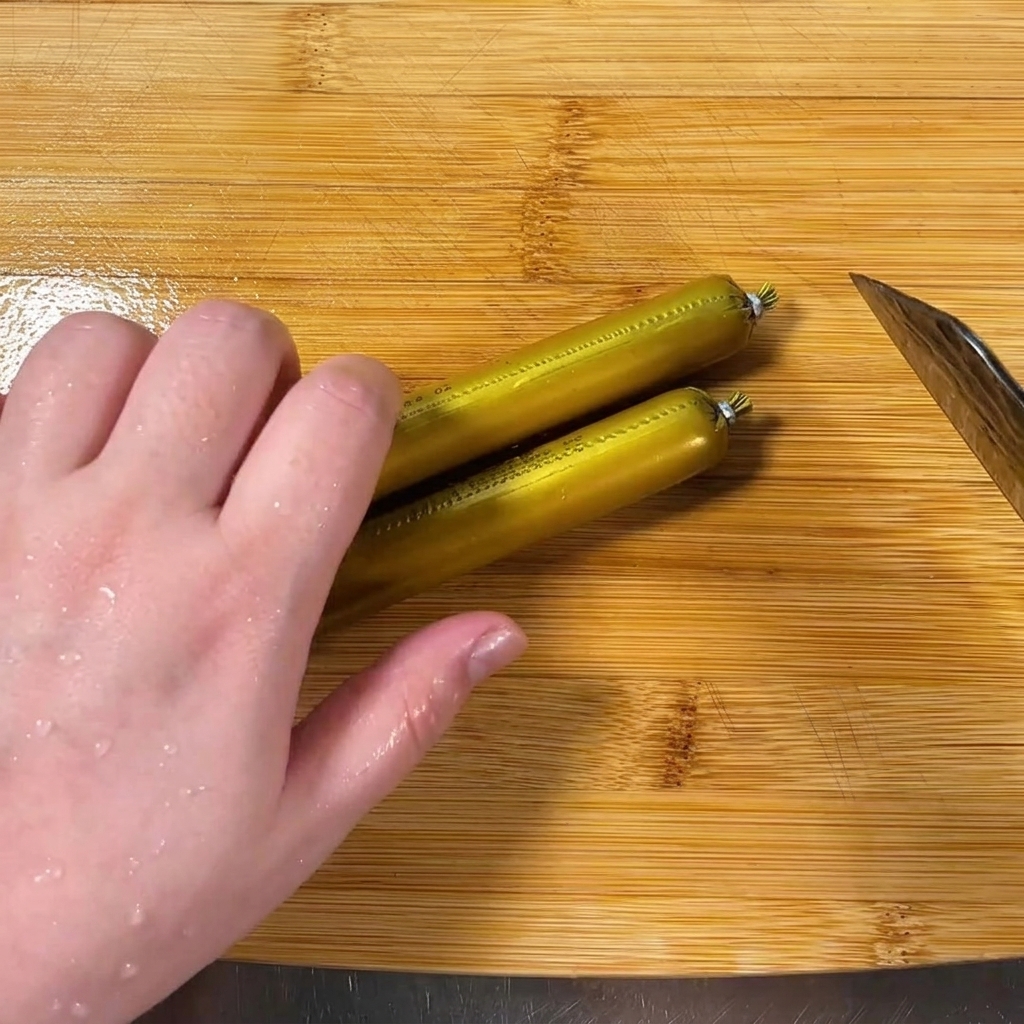 Una mano cortando salchichas en rodajas finas sobre una tabla de madera.