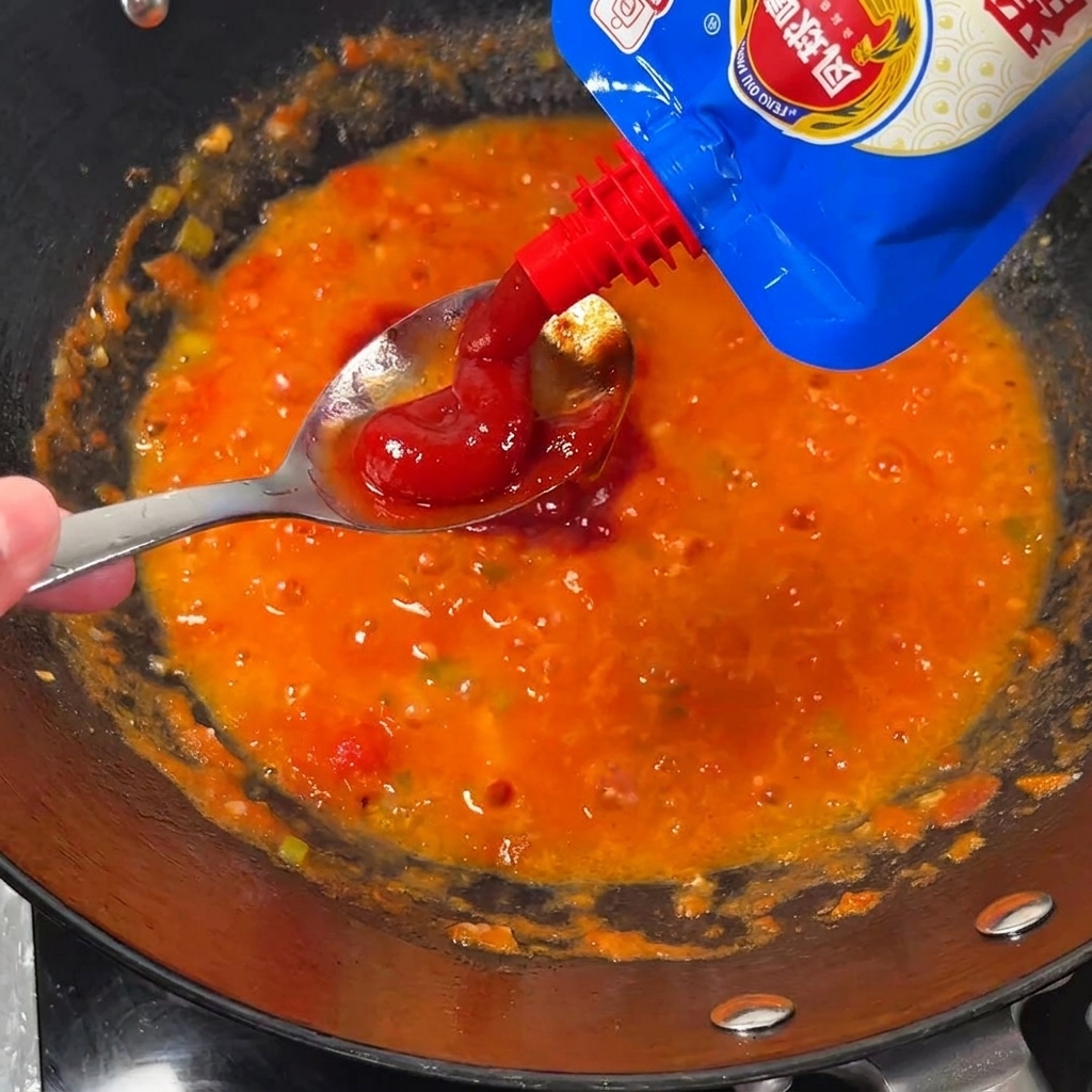 Pasta de tomate añadiéndose a la mezcla burbujeante de tomate en el wok.