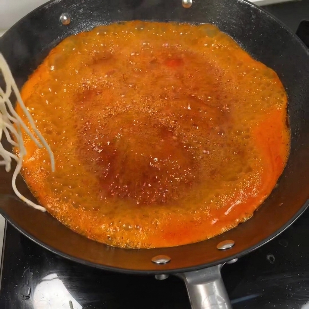 Fideos sumergidos en un vibrante caldo de tomate hirviendo en un wok.