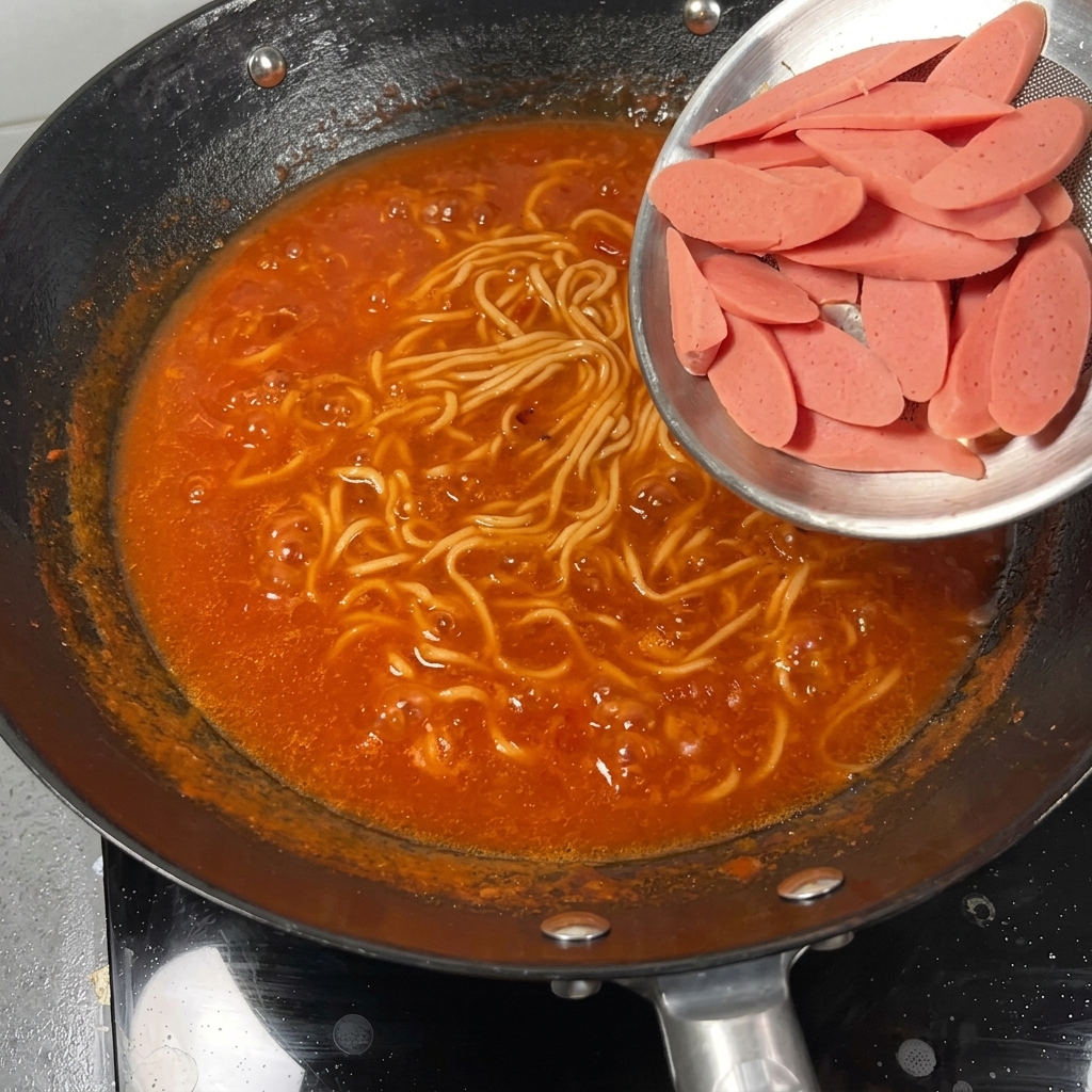 Rodajas de salchicha y pak choi fresco integrándose a la sopa de fideos.