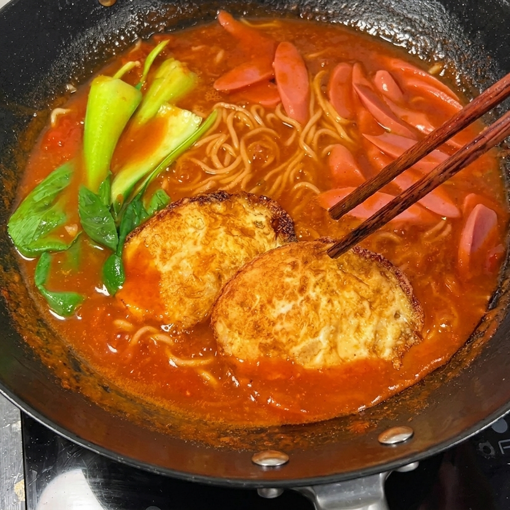 Dos huevos fritos crujientes descansando sobre un colorido tazón de sopa de fideos.