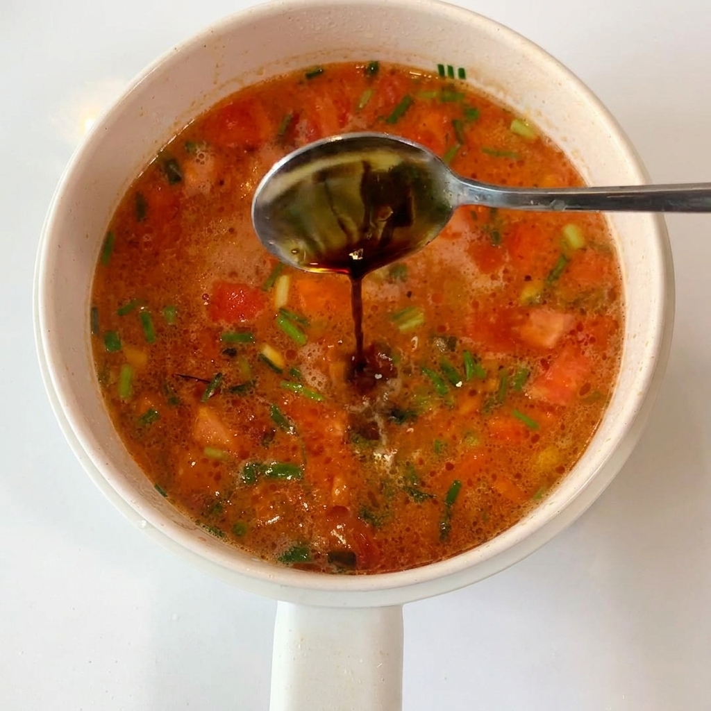 Una cucharada de salsa oscura siendo añadida a la sopa de tomate a fuego lento.