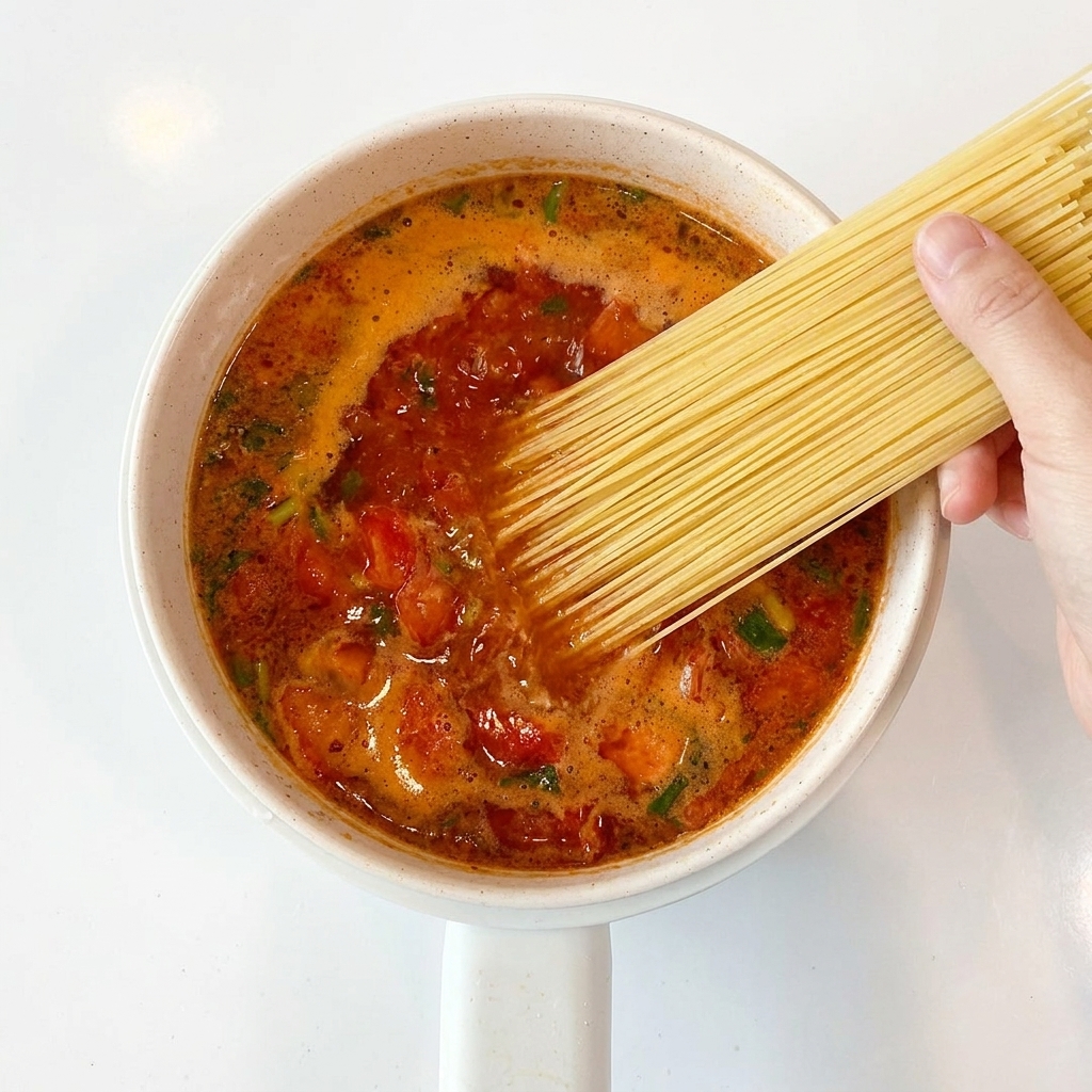 Fideos largos siendo sumergidos en la sopa de tomate burbujeante en la olla.