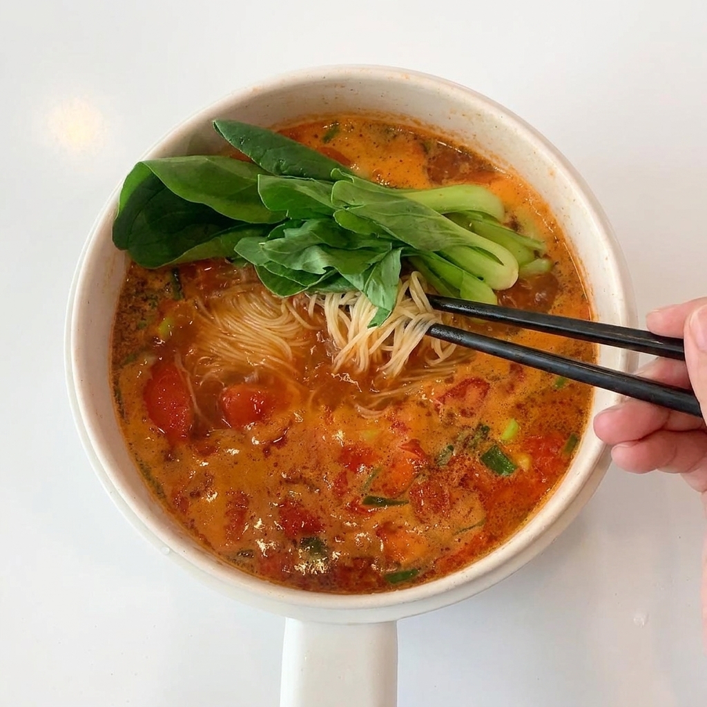 Un primer plano de una olla de sopa de tomate hirviendo, con fideos y verduras verdes mezclándose.
