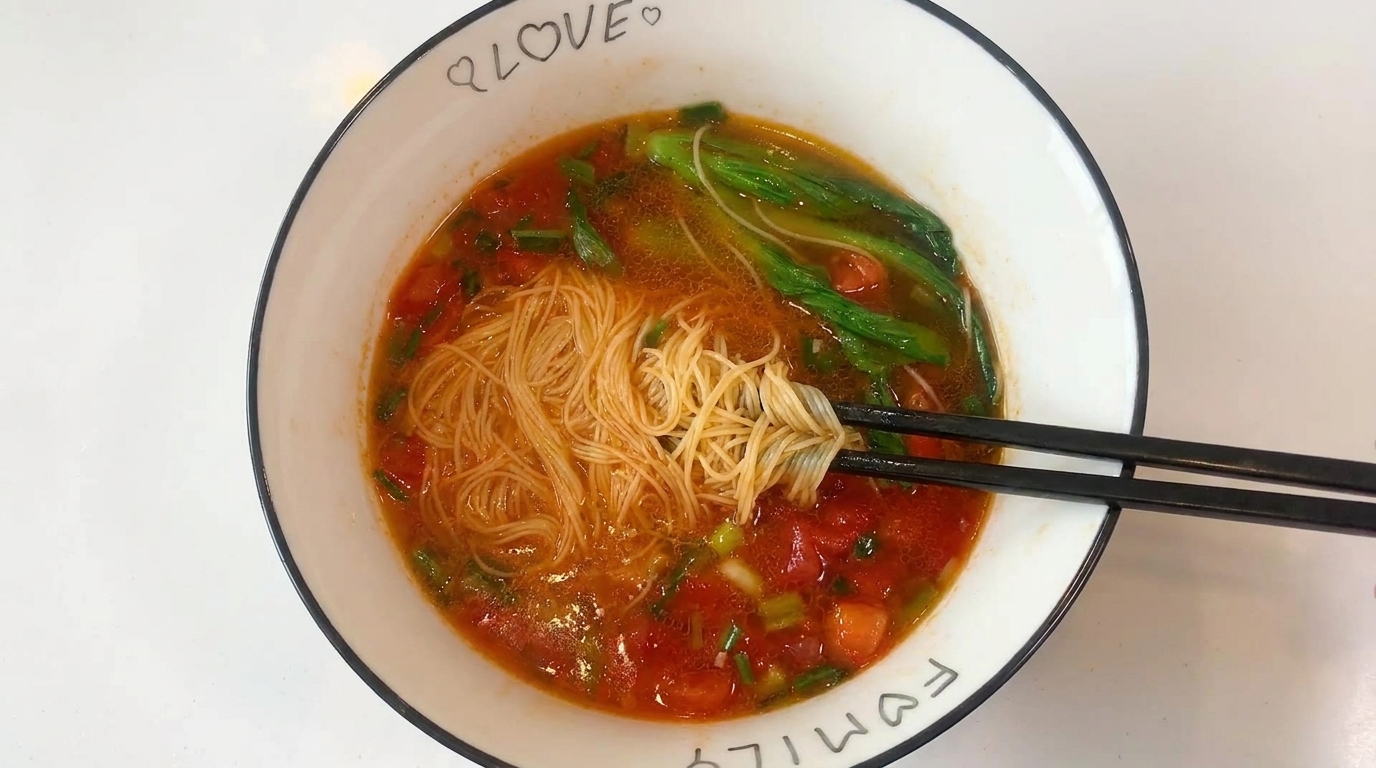 Un tazón reconfortante de fideos con sopa de tomate adornado con verduras de hoja verde frescas.