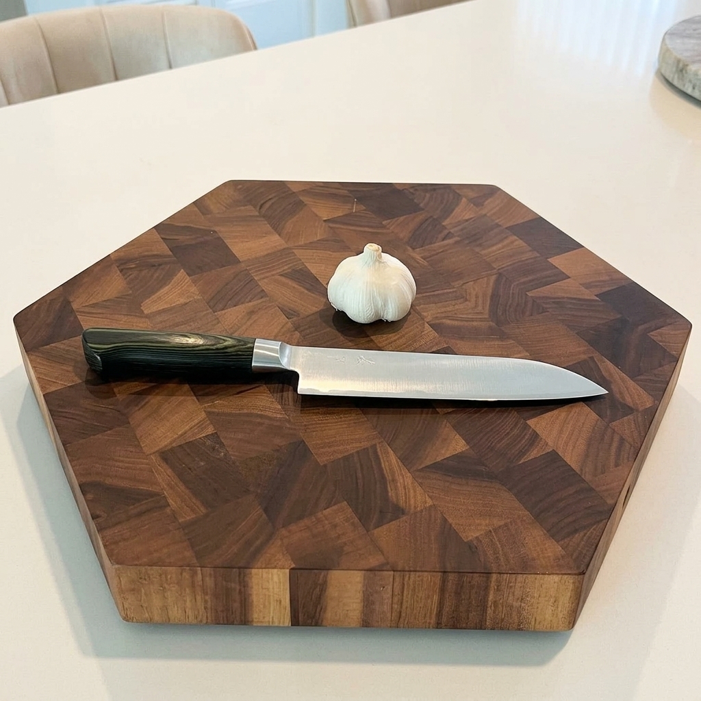 Primer plano de un cuchillo de cocina afilado cortando dientes de ajo en rodajas finas sobre una tabla de madera.
