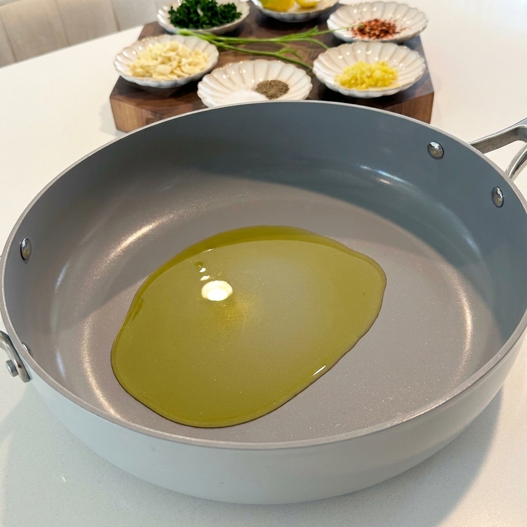 Aceite de oliva virgen extra siendo vertido en una sartén grande y limpia.