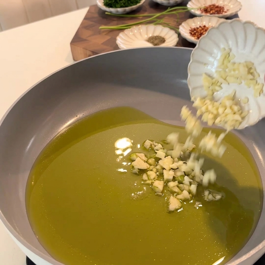 Láminas de ajo friéndose en aceite de oliva en una sartén.