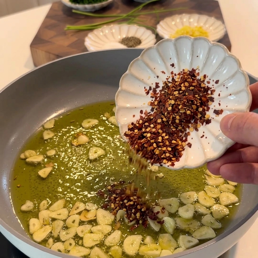 Copos de chile rojo siendo espolvoreados en una sartén llena de ajo y aceite friéndose.