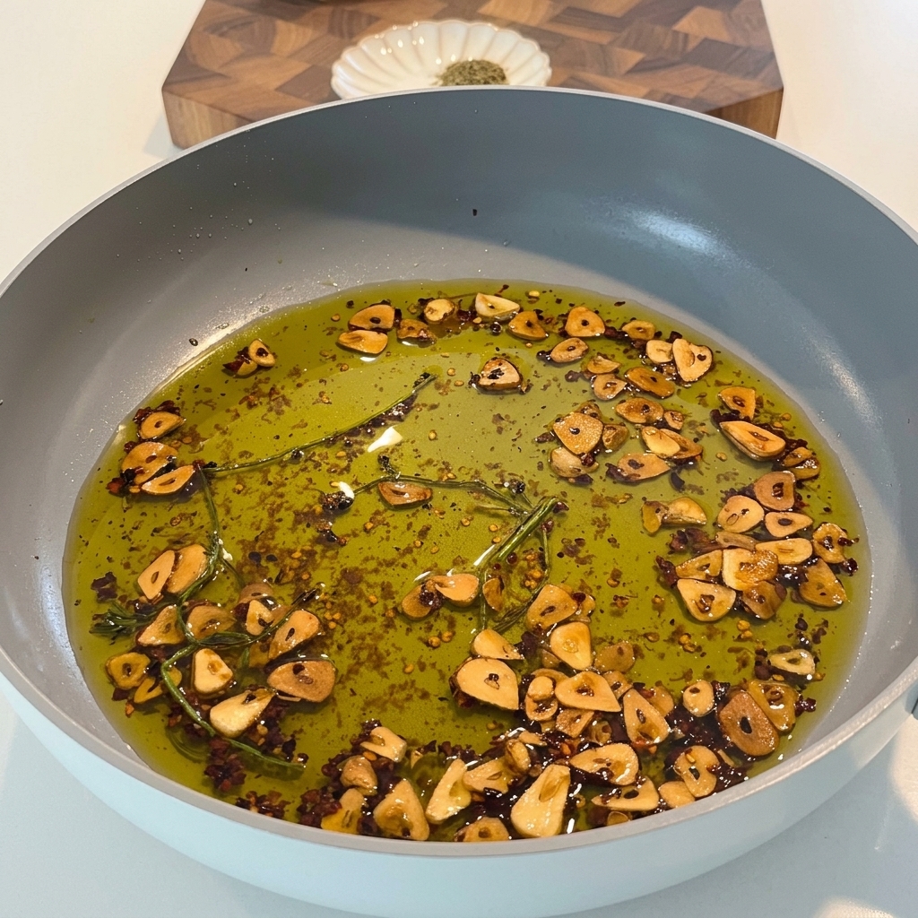 Agua de cocción de la pasta siendo vertida en la sartén para emulsionar el aceite, el ajo y las hierbas.