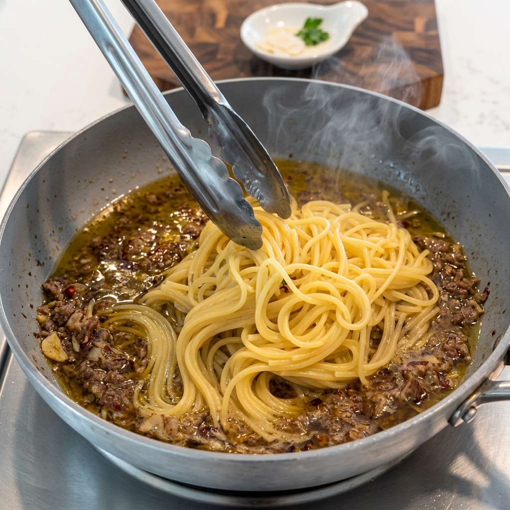 Pasta al dente siendo mezclada con la salsa preparada en la sartén.