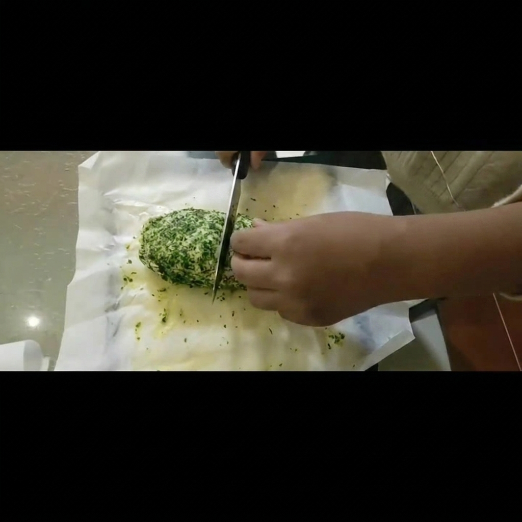 Piezas uniformemente cortadas de mantequilla de ajo sobre papel de horno.