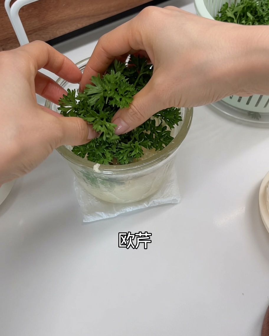 Hojas verdes de perejil fresco colocándose en el procesador de alimentos sobre el ajo y las chalotas.