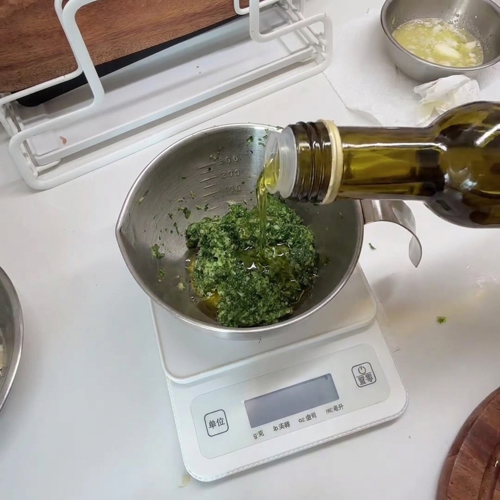 Un tazón medidor de metal con la mezcla verde de perejil mientras se le vierte aceite de oliva desde una botella de vidrio.