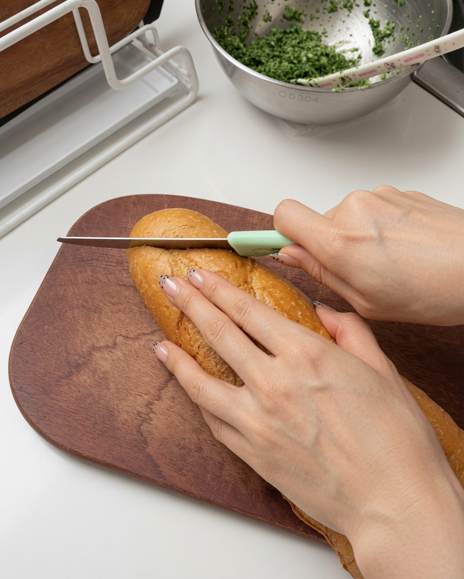 Manos utilizando un cuchillo de sierra para cortar una baguette fresca sobre una tabla de cortar de madera.