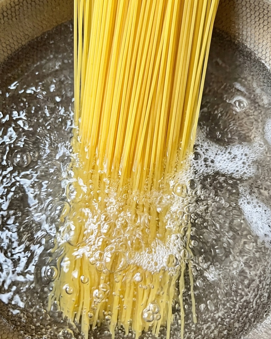 Hebras de pasta fina sumergiéndose en una olla grande con agua hirviendo.