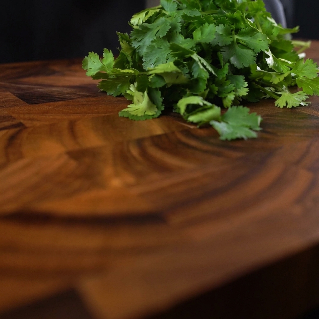 Un primer plano de perejil verde fresco siendo picado finamente en una tabla de madera oscura con un cuchillo de chef.