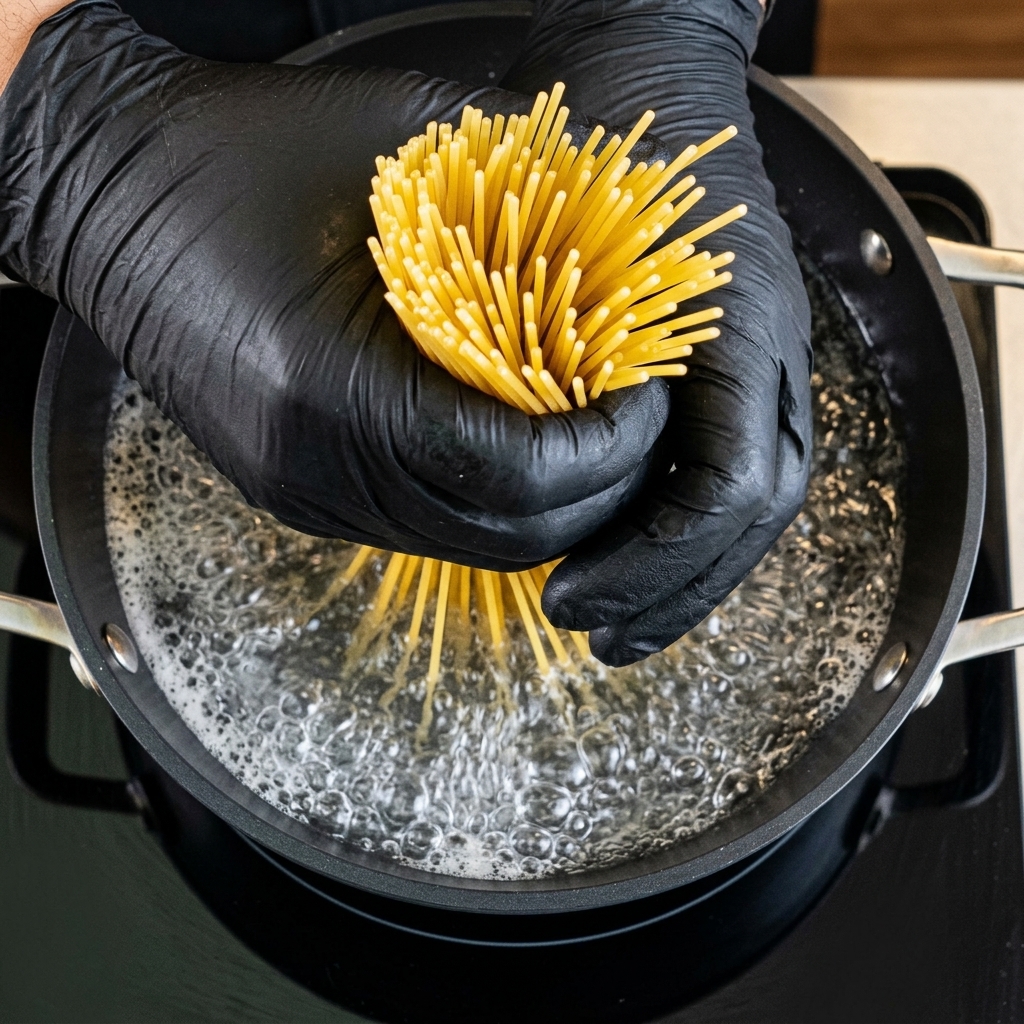 Manos con guantes sosteniendo un manojo de spaghetti seco y colocándolo directamente en una olla de agua hirviendo vigorosamente.