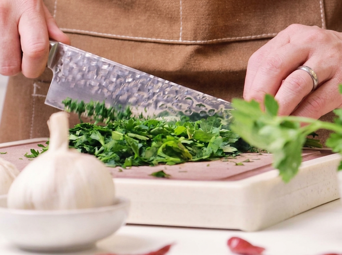 Perejil verde fresco siendo picado finamente sobre una tabla de cortar de madera con un cuchillo de chef.