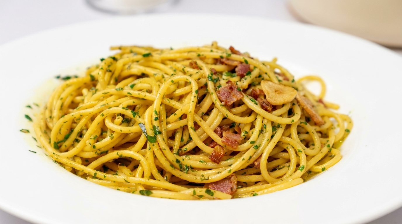 Espaguetis Aglio e Olio con Bacon Crujiente