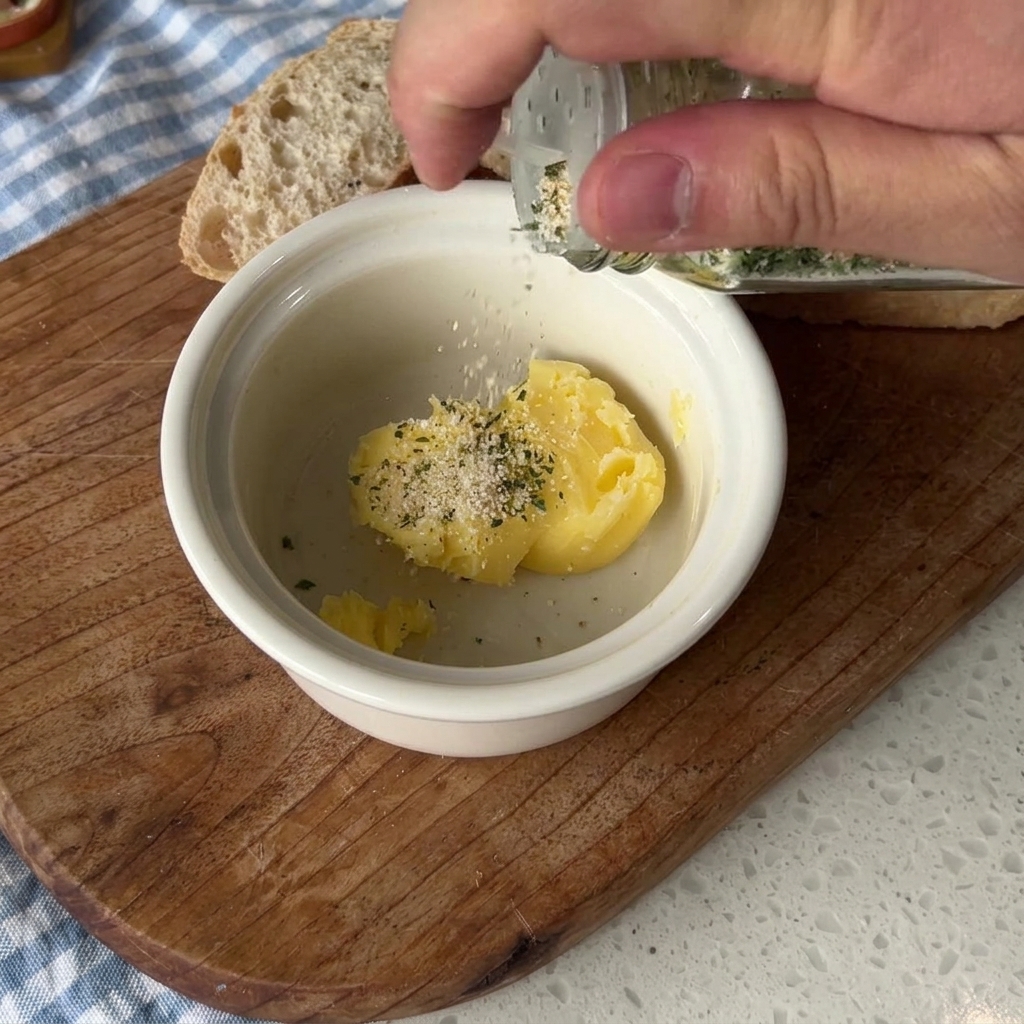 Primer plano de ajo picado siendo añadido a un bol con mantequilla y condimento de hierbas.