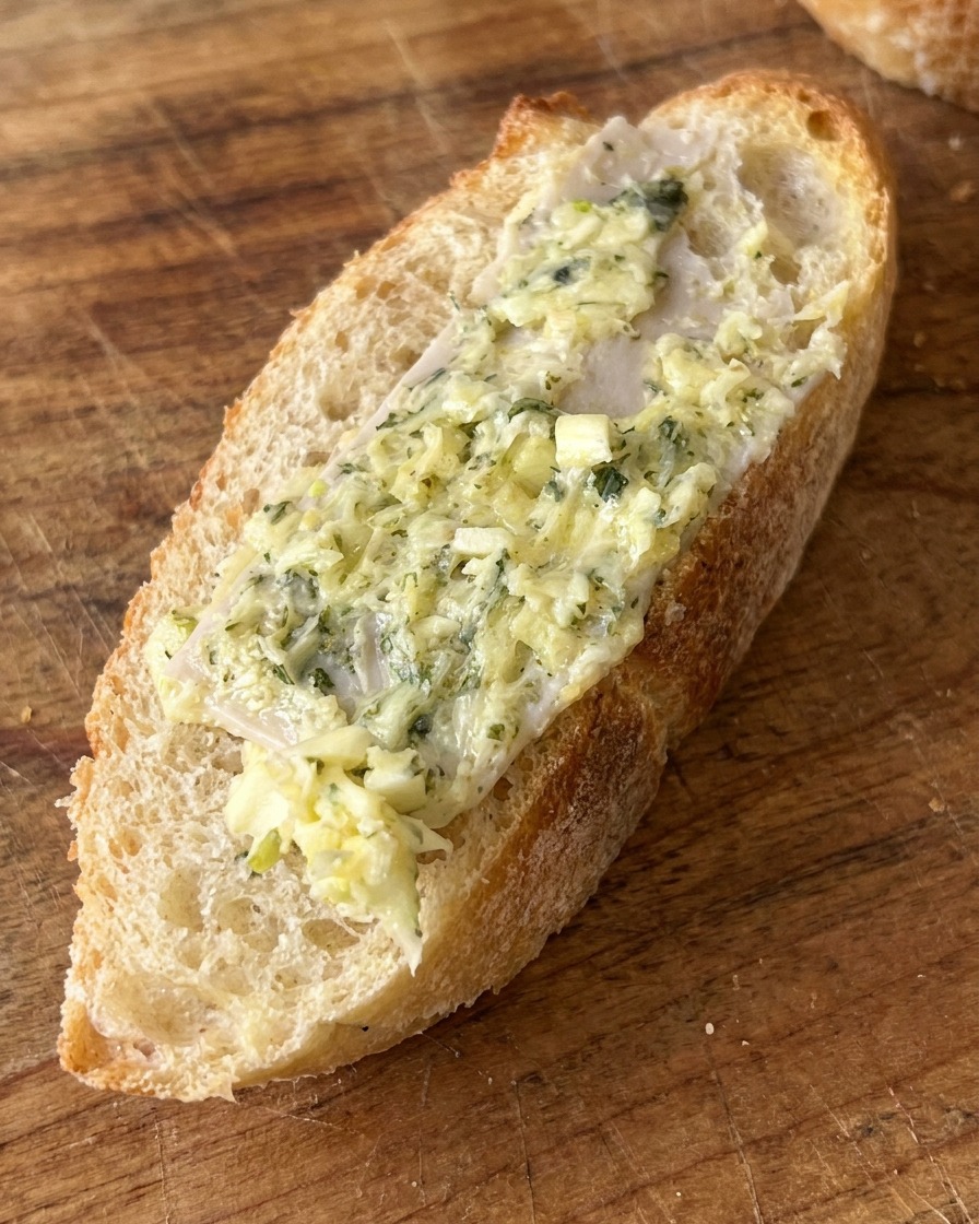 Una rebanada de baguette cubierta generosamente con la salsa de mantequilla de ajo usando una espátula.
