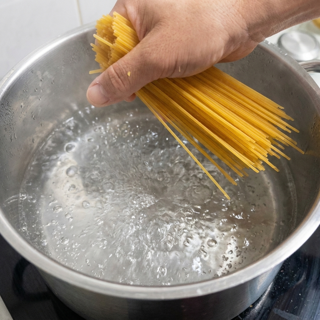 Un puñado de espaguetis secos sumergidos en agua hirviendo.
