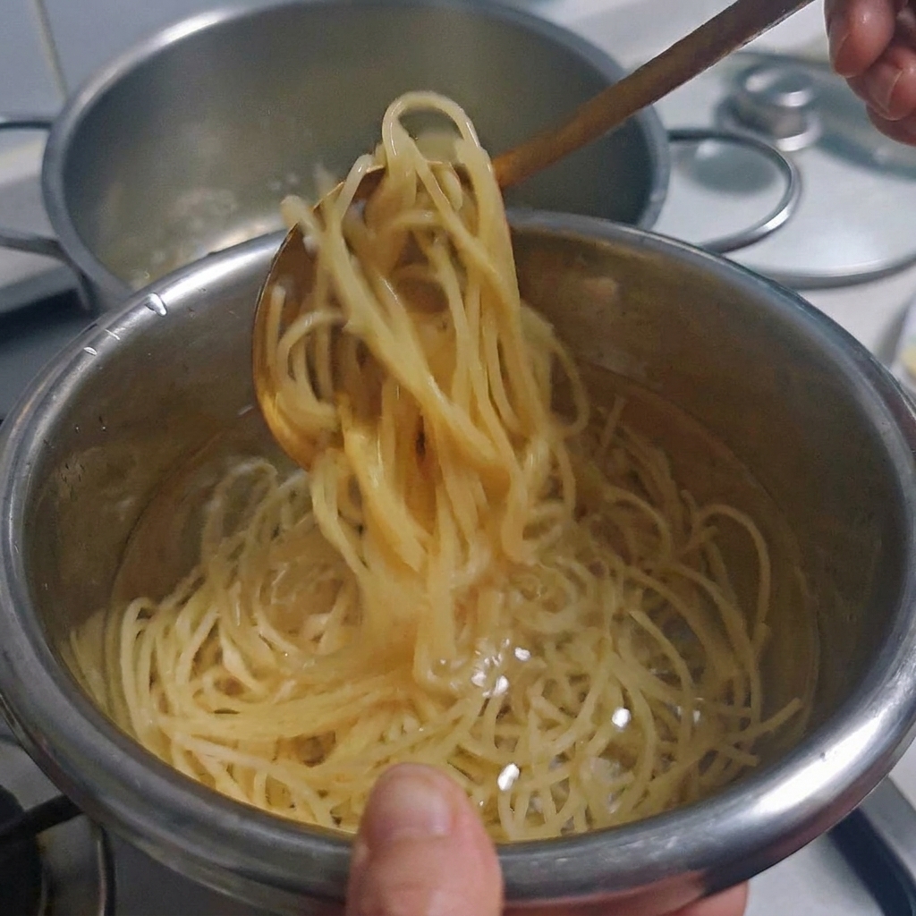 Hebras de espaguetis cocidos siendo enfriadas en un tazón con agua.