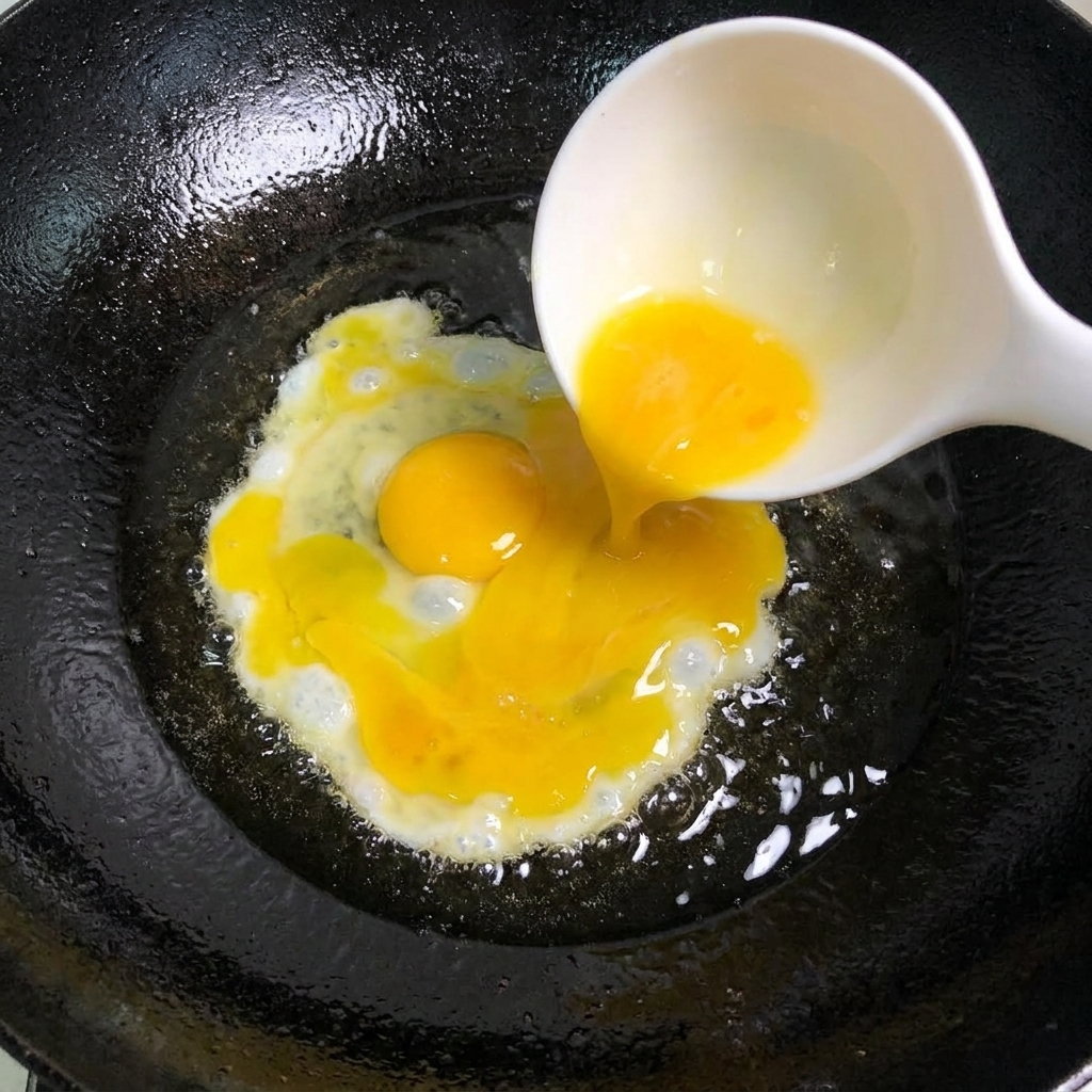Huevos siendo revueltos en una sartén caliente.