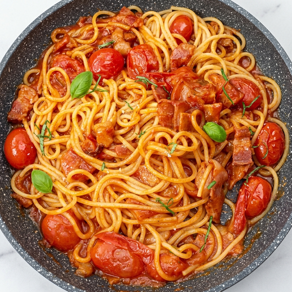 Queso rallado espolvoreado sobre la pasta con salsa de tomate y bacon.