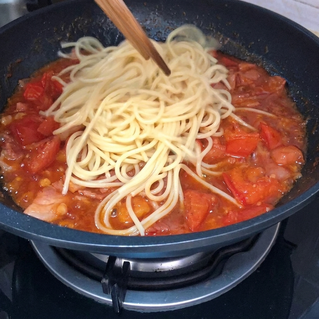 Pasta cocida añadida a la rica salsa de tomate y bacon.