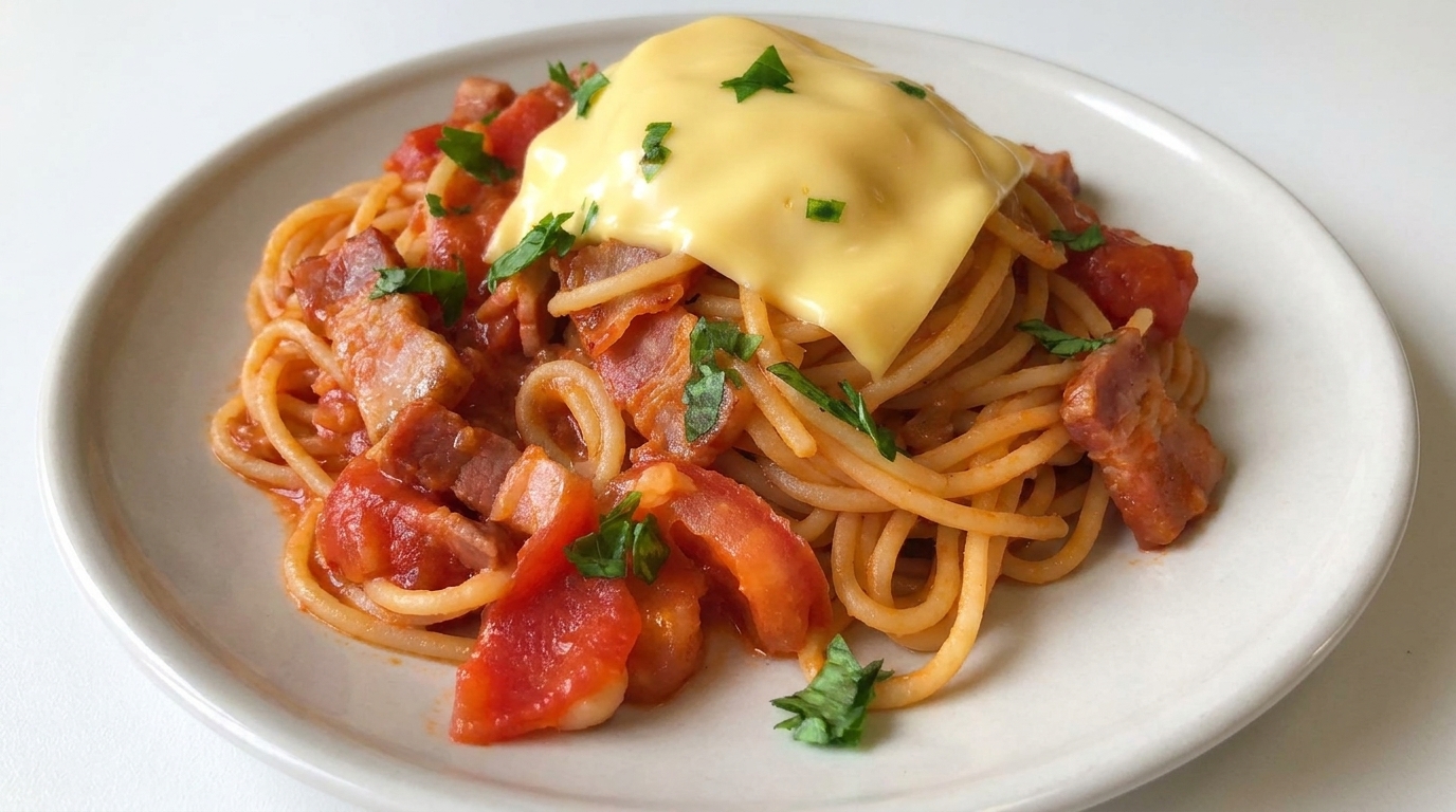 Un plato de pasta caliente con tomate y bacon, coronado con una loncha de queso fundido y perejil fresco.