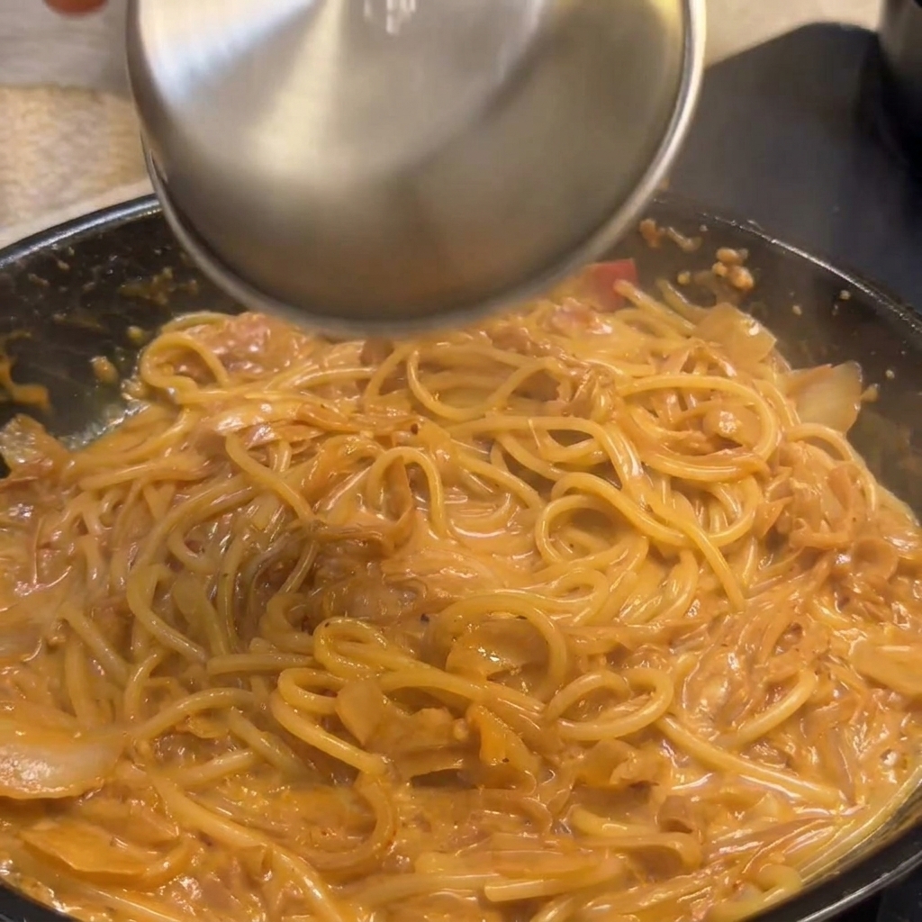 Trozos de bacon crujiente siendo añadidos a la pasta para el toque final.