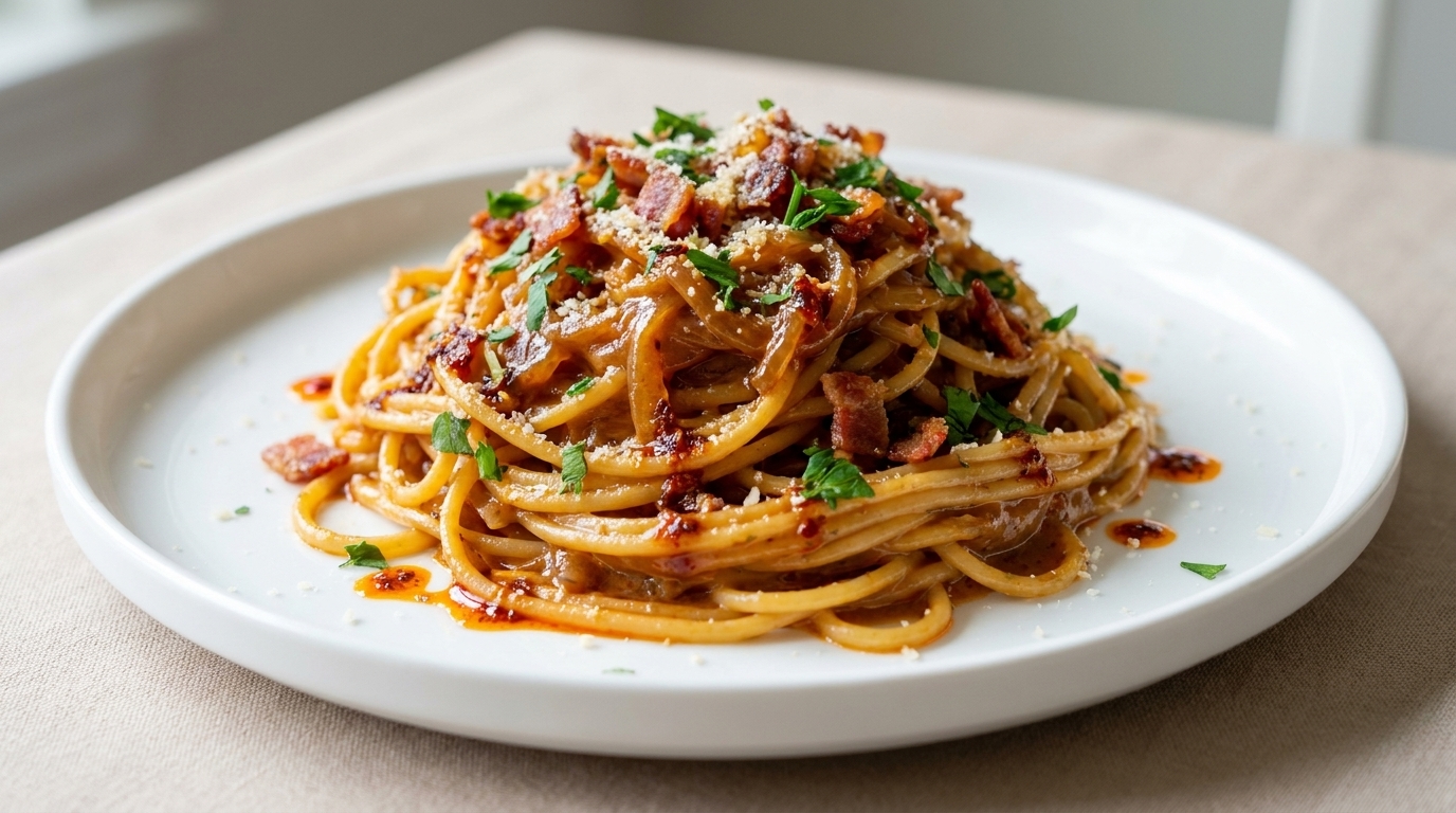 Pasta Cremosa con Cebolla Caramelizada y Bacon