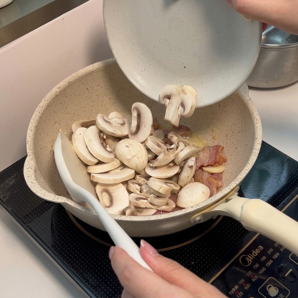 Ajo, bacon y champiñones dorándose en una sartén antiadherente.