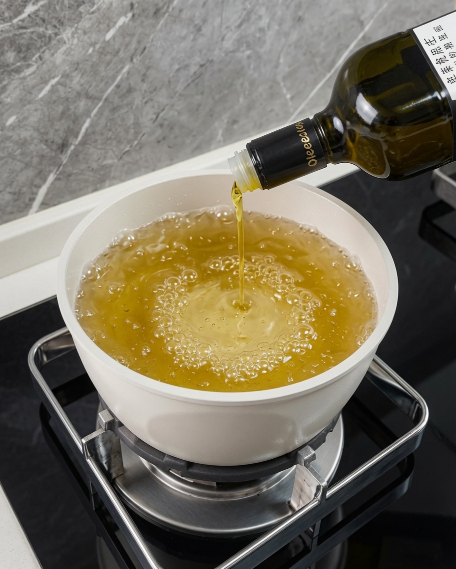Espaguetis cociéndose en una olla con agua hirviendo y aceite de oliva sobre la cocina.