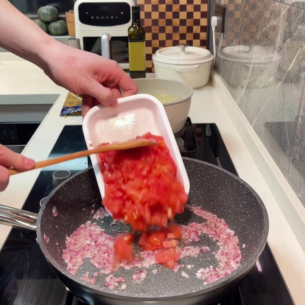 Tomates en dados cocinándose en la sartén hasta soltar todo su jugo.