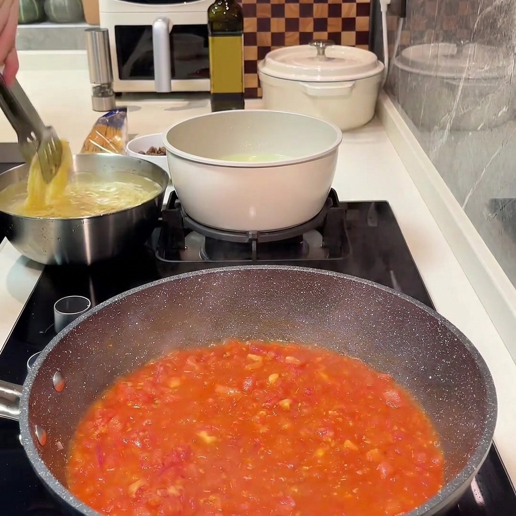 La carne picada mezclándose de nuevo con la base de tomate y cebolla.