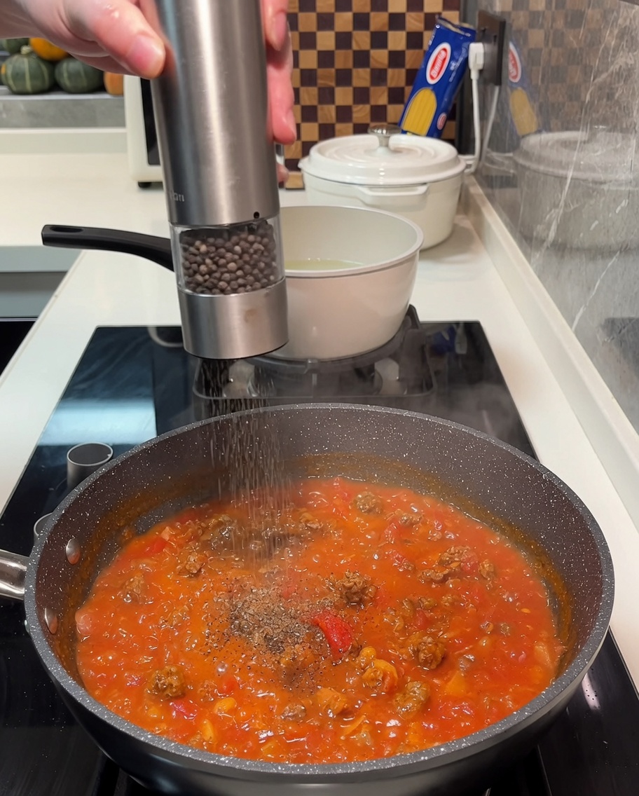 Añadiendo ketchup y condimentos a la salsa de carne en la sartén.