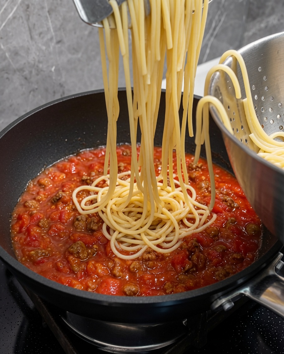 Espaguetis recién cocidos integrándose en una sartén con una abundante salsa de carne roja.