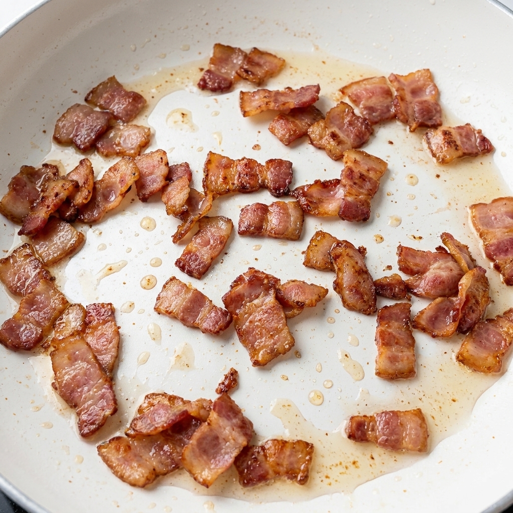 Trozos de guanciale friéndose en su propia grasa dentro de una sartén.